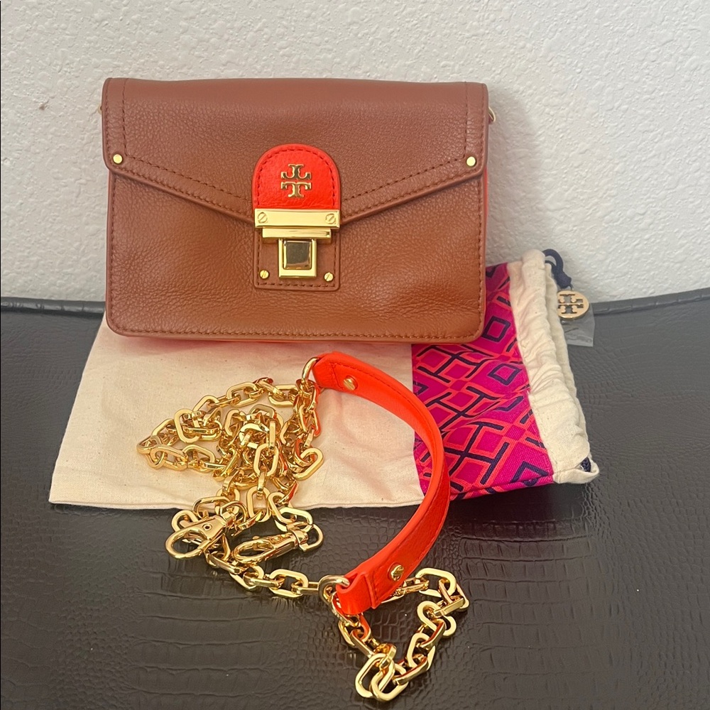 Tory Burch Brown and Orange Leather Clutch with Chain Strap
